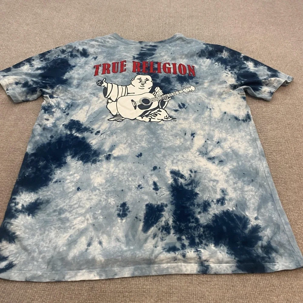 True Religion Shirt Mens 2XL Blue Tie Dye Buddha Graphic Fashion Senses Tee